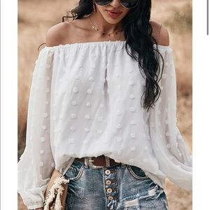 Off Shoulder Embroidered Polka Dot Top